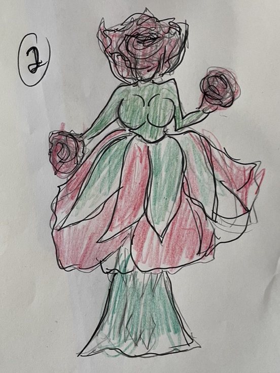 Costume designer sketch of a rose gown with blooming petals