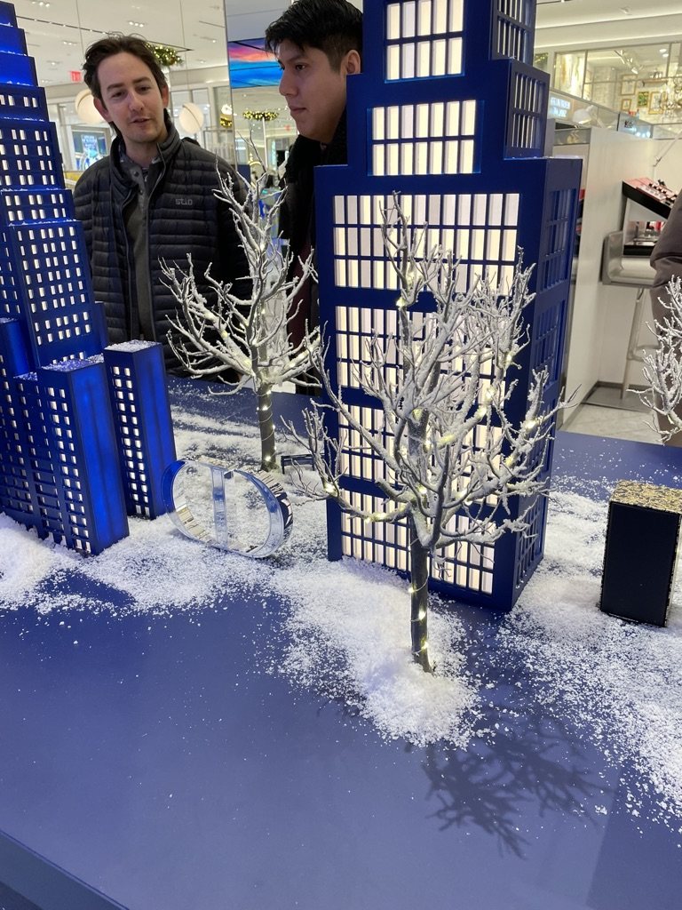 In-store Dior display with lit trees and miniature towers