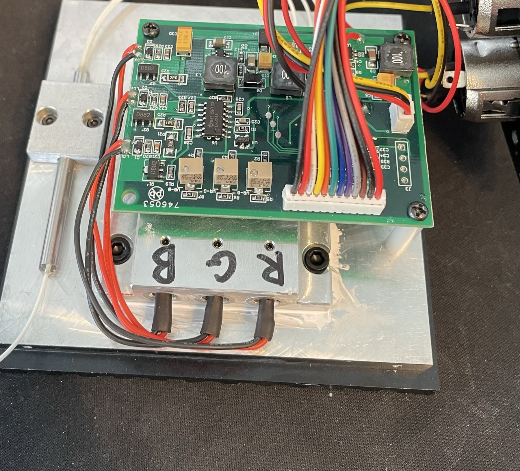 Laser driver board mounted to a labeled RGB fiber coupler