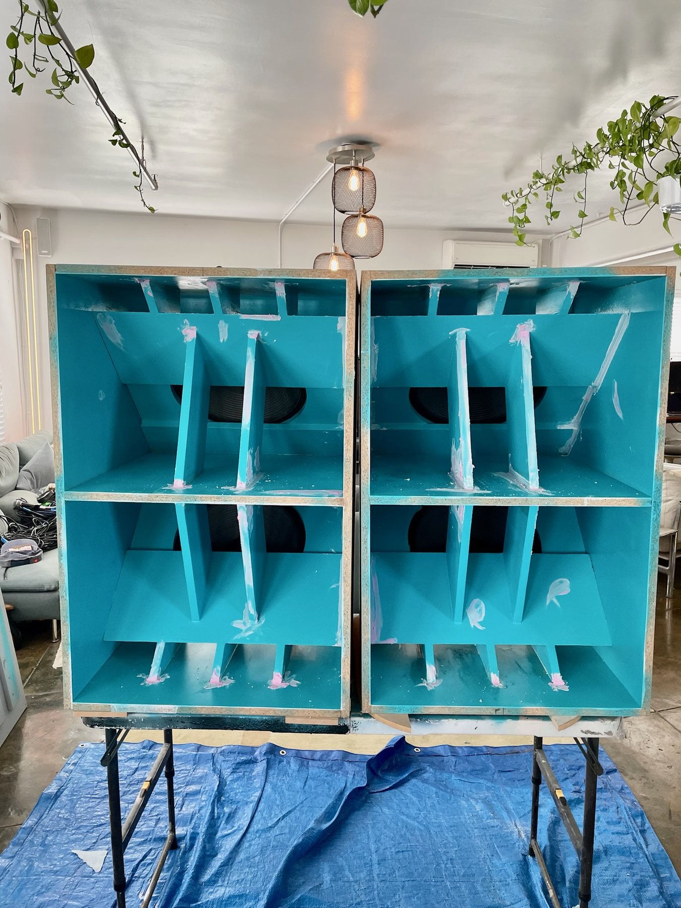 Open horn cabinets showing the internal cell structure